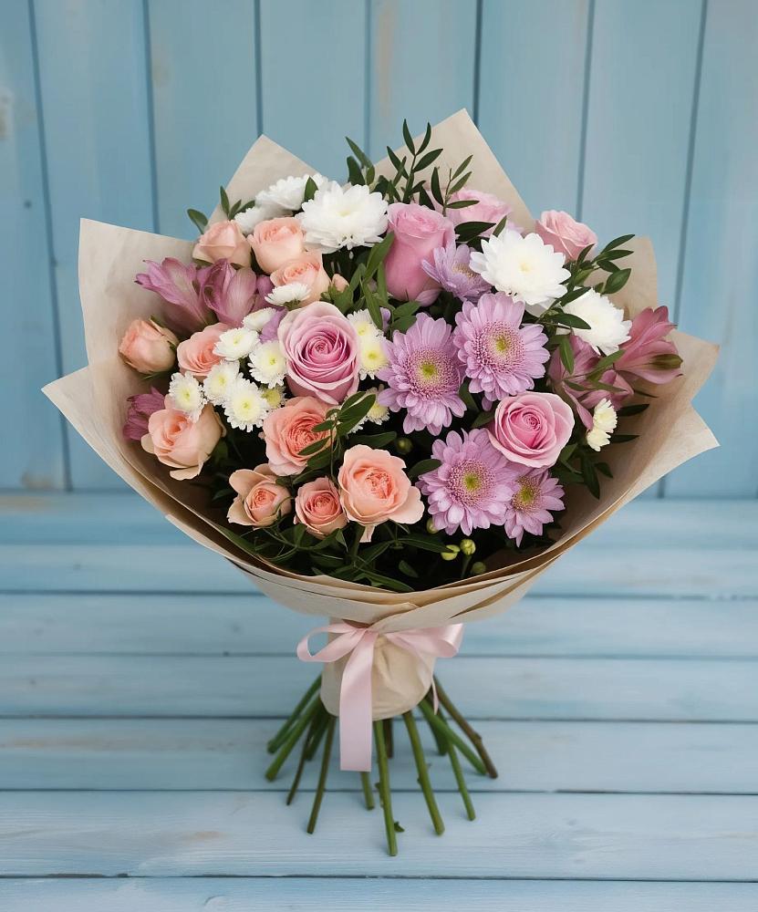 Букет цветов из: Хризантемы, Розы и Альстромерии в Поселке имени Морозова