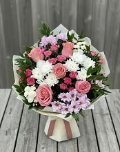 Букет цветов из:  Альстромерии, Гвоздики, Розы и Хризантемы #REPLACE_PRED# Поселке имени Морозова