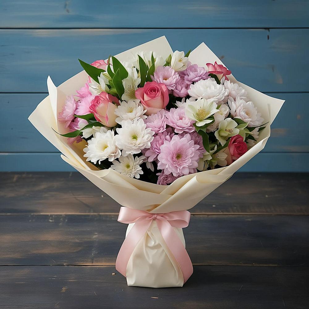 Букет цветов из: Хризантемы, Альстромерии и Розы в Поселке имени Морозова